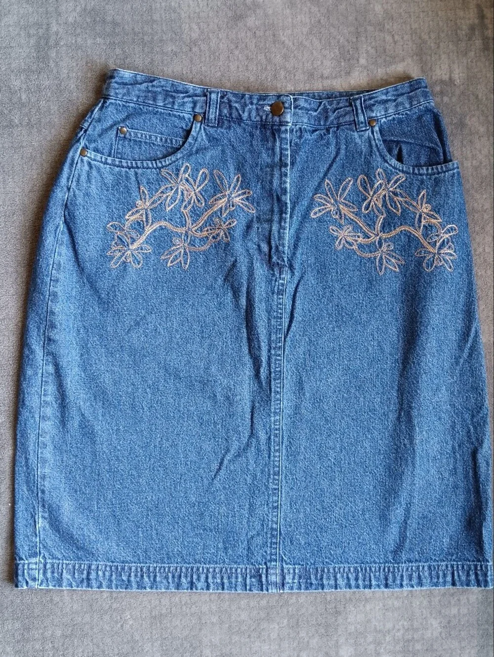 Y2K Blue Denim Cotton Jean Floral Embroidered Skirt, Vintage Westbound Size 8